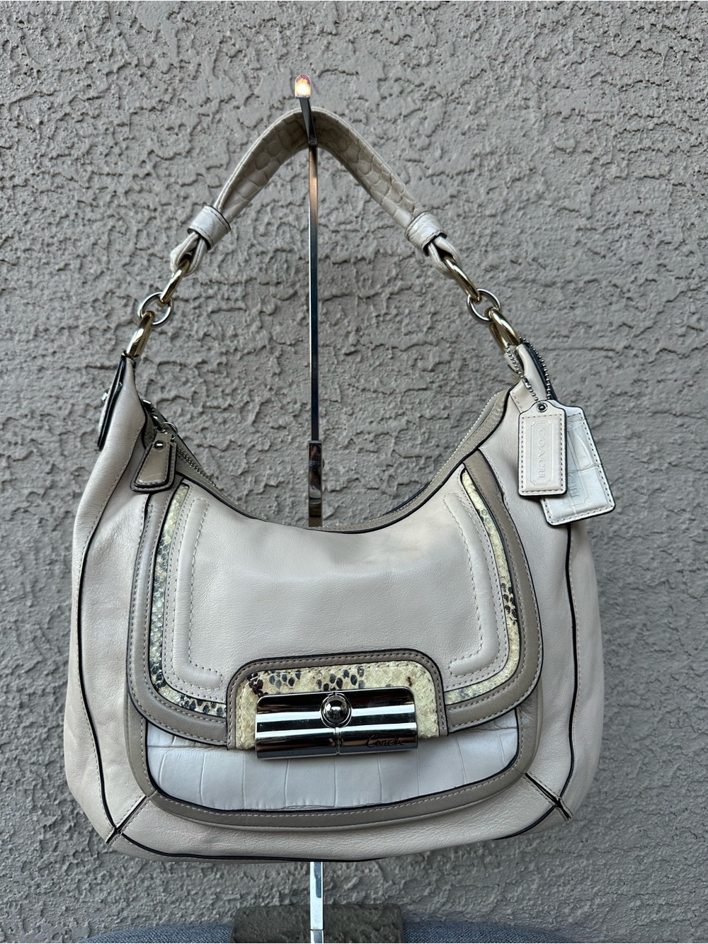 COACH  Kristin Spectator Leather Hobo Bag with Snakeskin Trim
